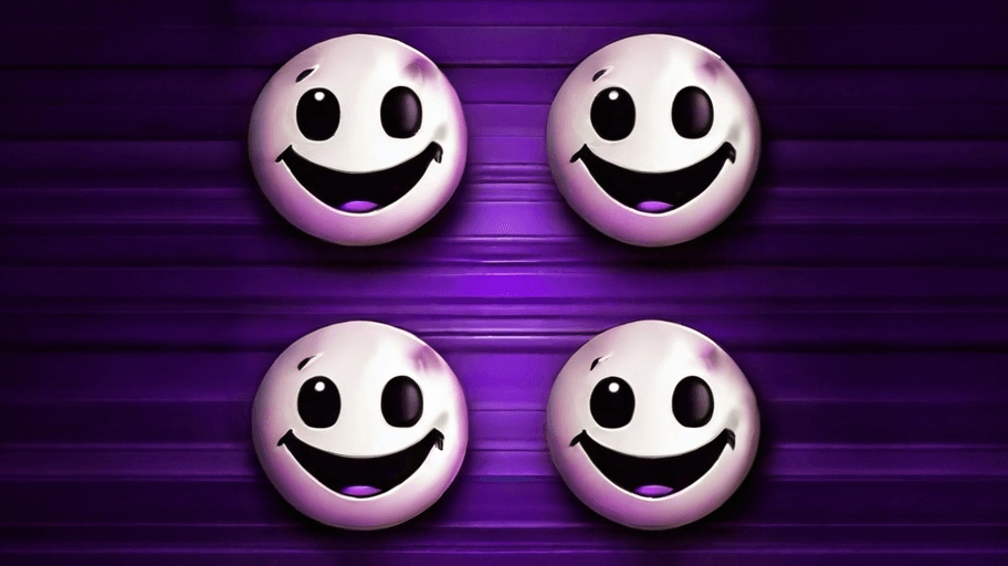 Four smiley faces with a purple background